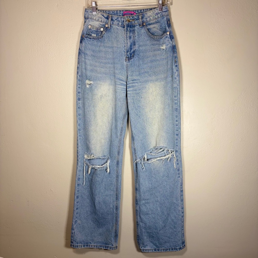 Edikted Women Light Wash Distressed High Waisted Straight Leg Jeans Size M